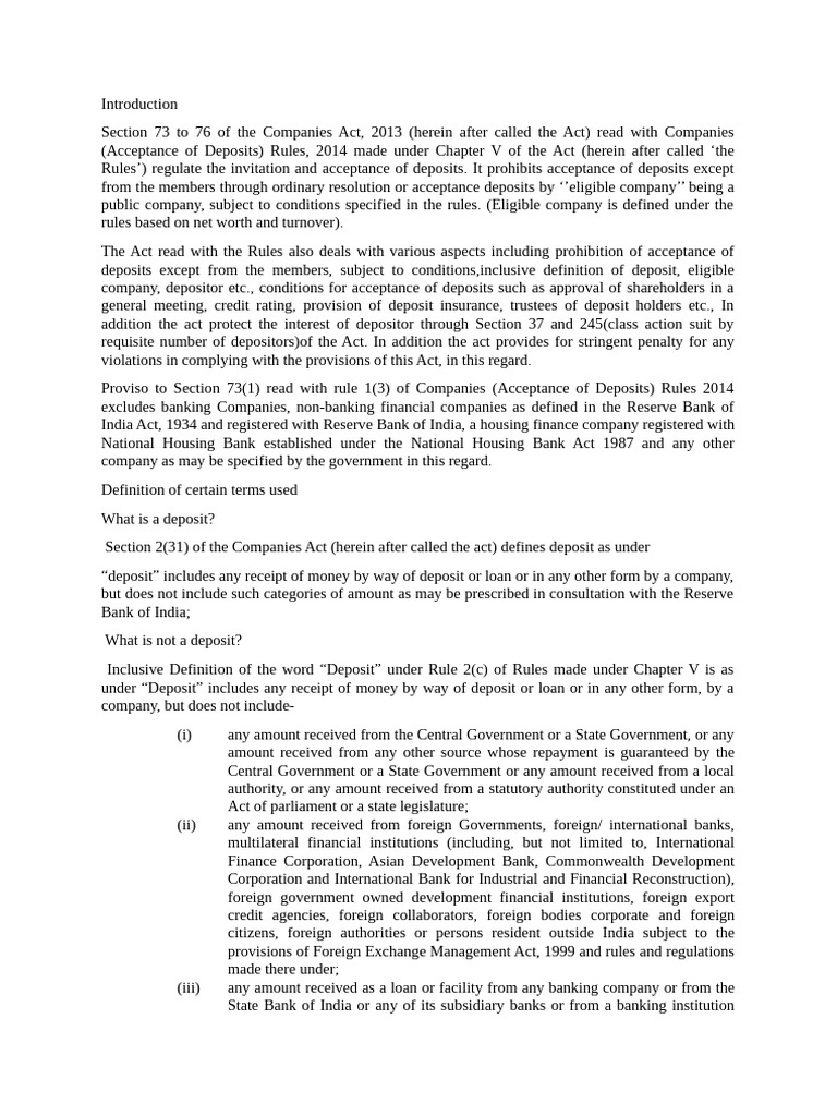 Section 73 To 76 of The Companies Act, 2013 | PDF | Banks | Deposit Account