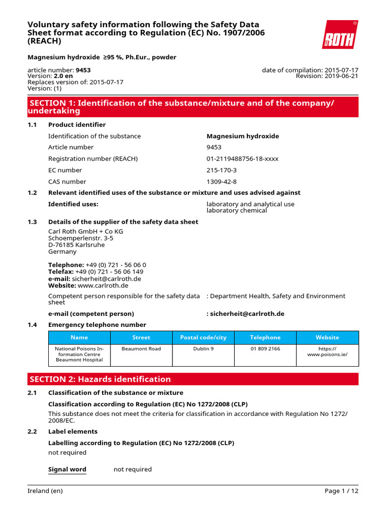 Magnesium Hydroxide Safety Data Sheet | PDF | Dangerous Goods | Toxicity