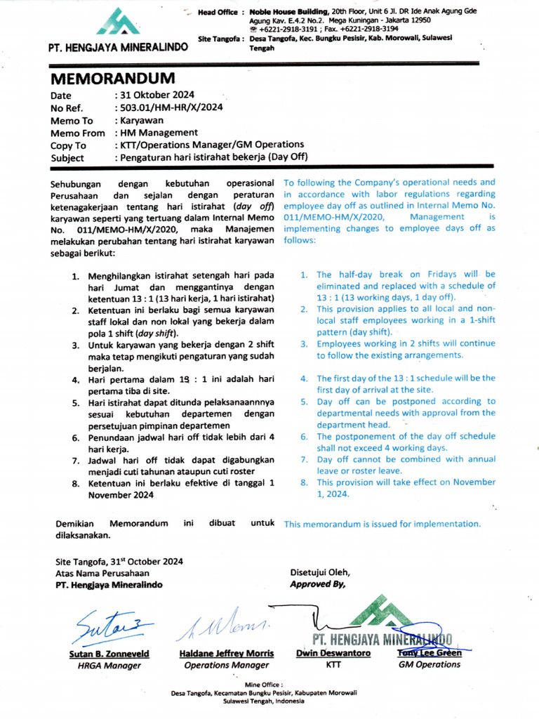 Memorandum Change Employee Days Off | PDF