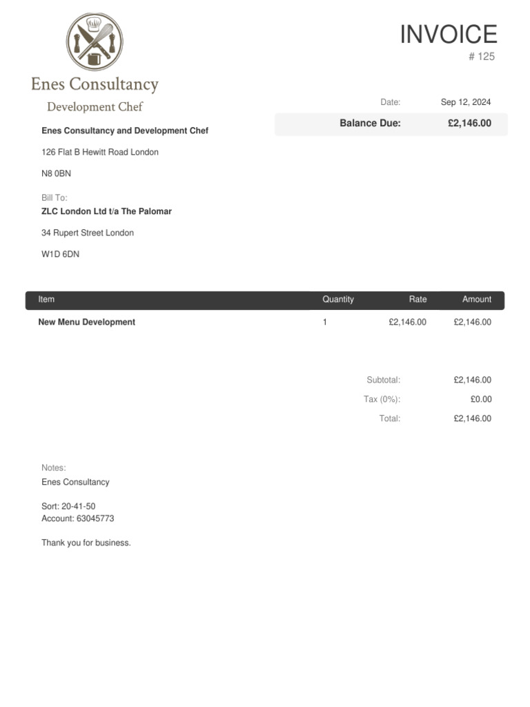 Invoice for Menu Development Services | PDF
