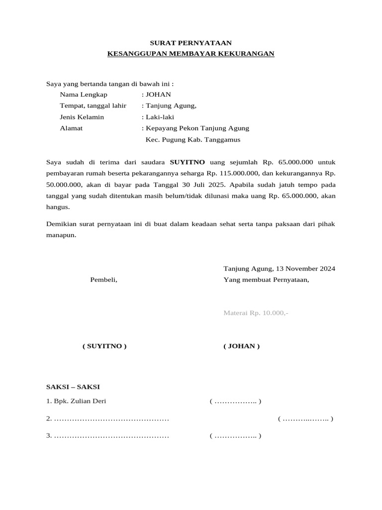 Surat Pernyataan Melunasi Hutang | PDF