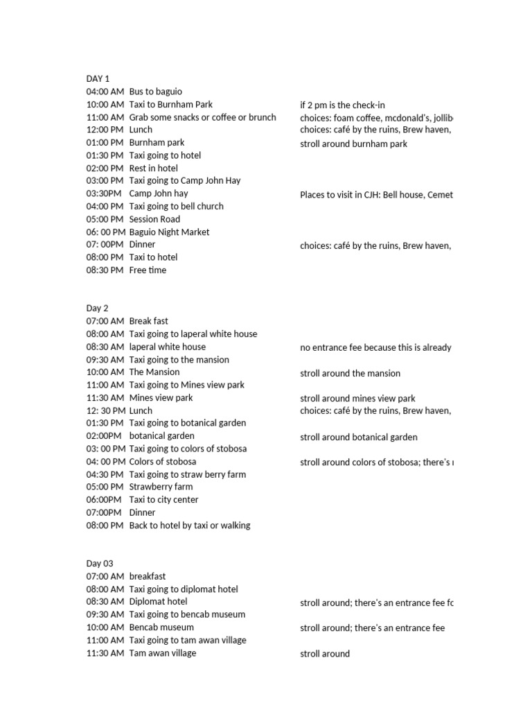 Baguio Itinerary 2023 | PDF