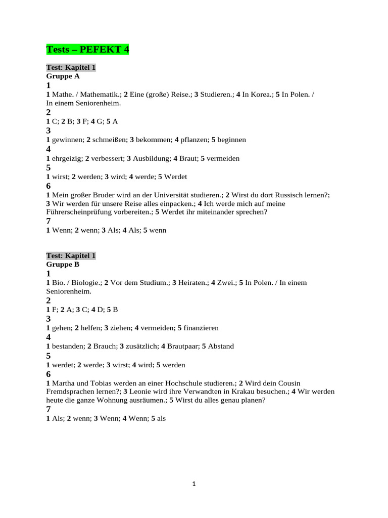 PERFEKT 4 - Tests - Klucz Rozwiazan | PDF