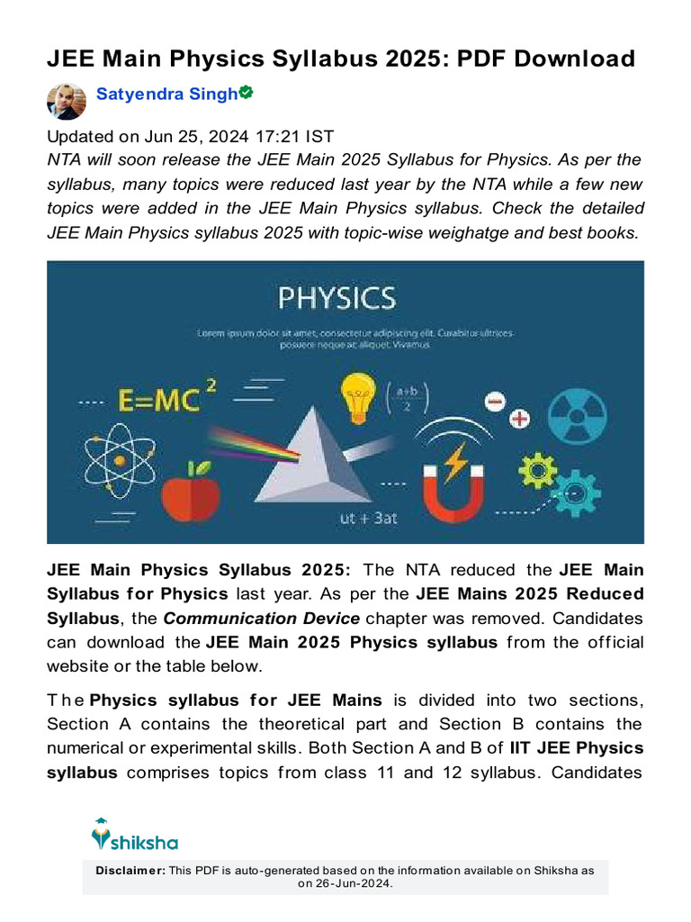 JEE Main Physics Syllabus 2025: PDF Download: Satyendra Singh | PDF ...