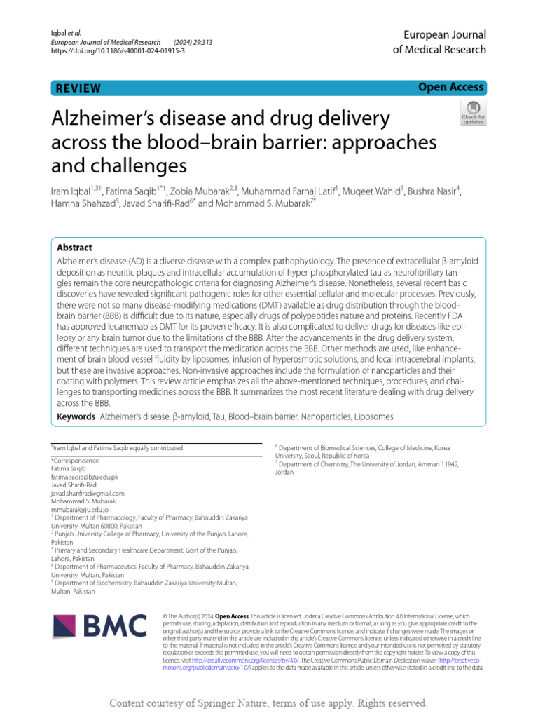 Alzheimers Disease and Drug Delivery Across The B | PDF | Amyloid Beta ...