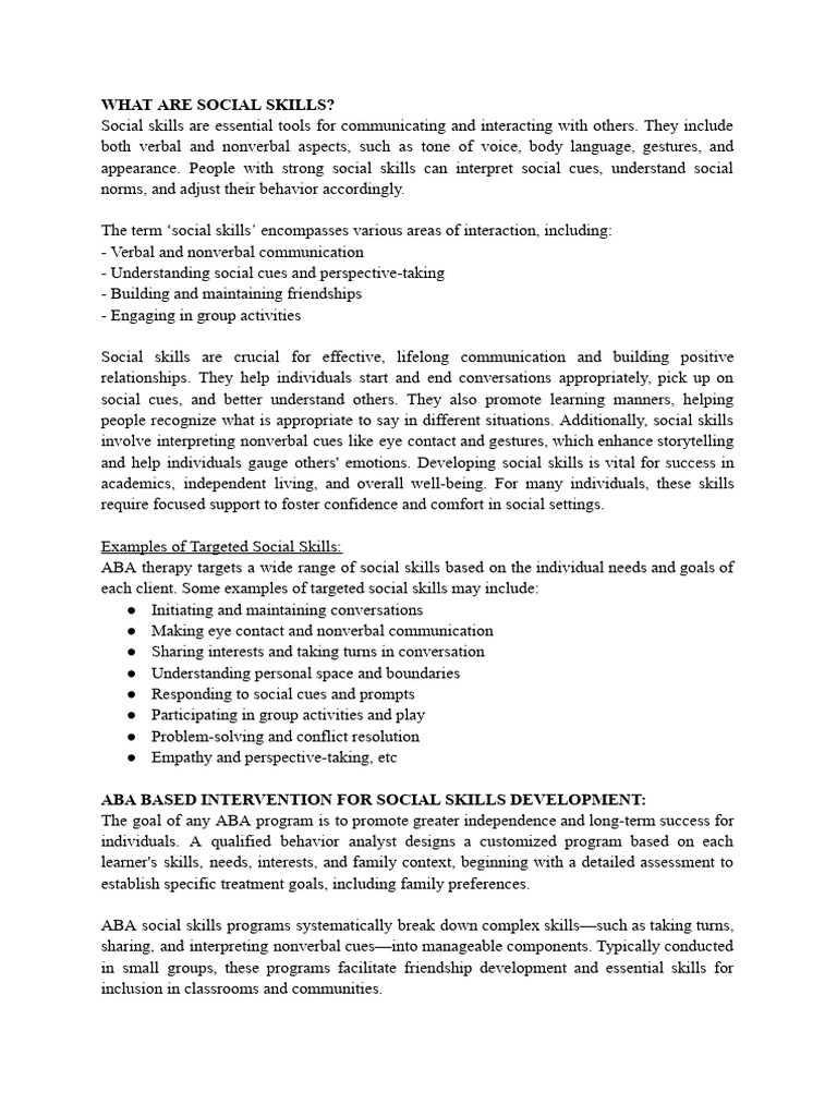 ABA Goals for Social Skills Development | PDF | Social Skills ...