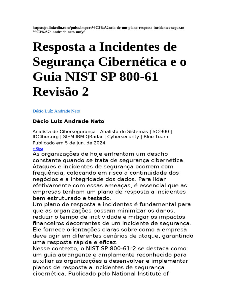 Importância do NIST SP 800-61r2 na Resposta a Incidentes | PDF ...