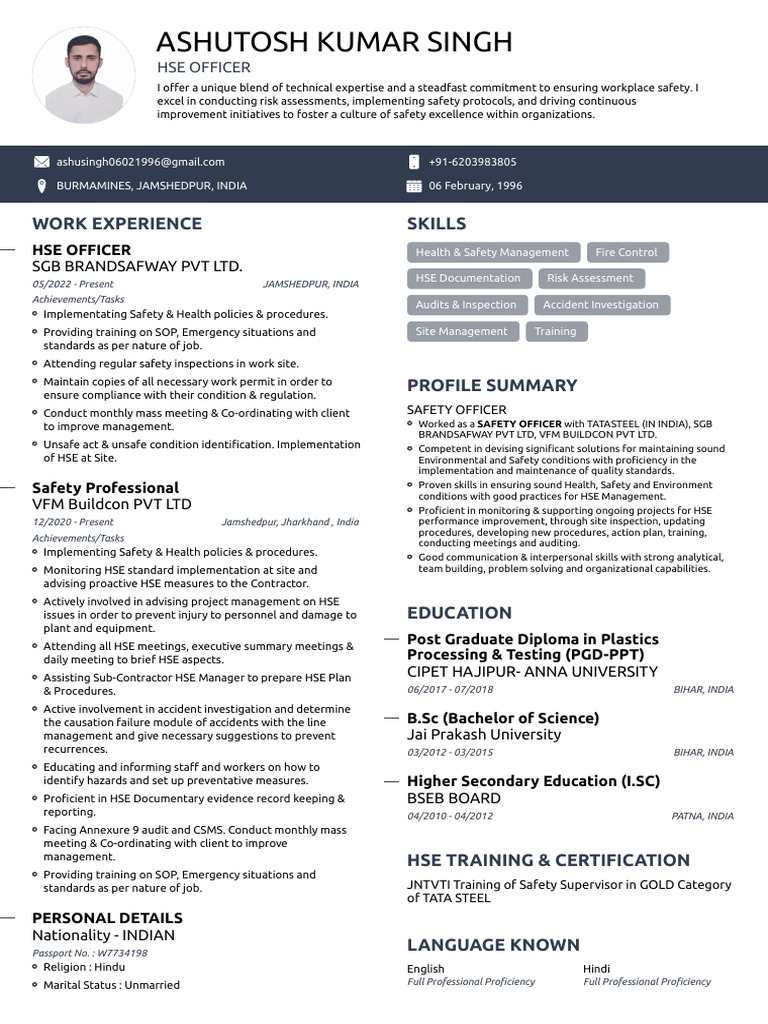 HSE Officer Resume: Ashutosh Kumar Singh | PDF | Safety | Occupational ...