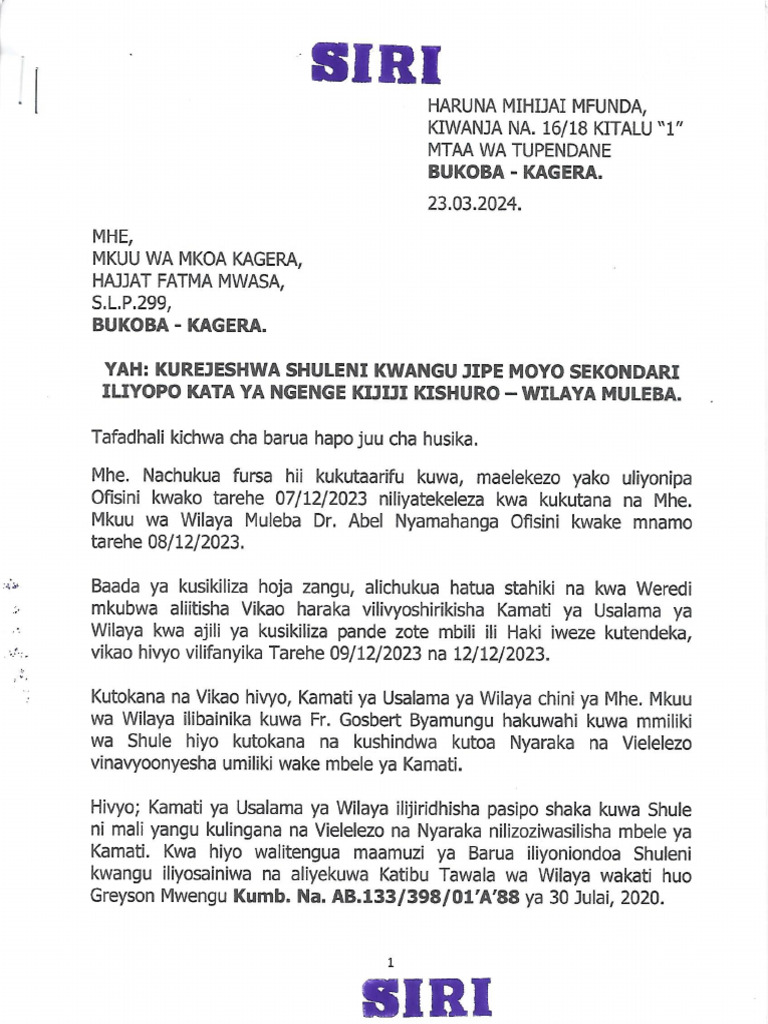 Mhe. Mkuu Wa Mkoa Kagera | PDF