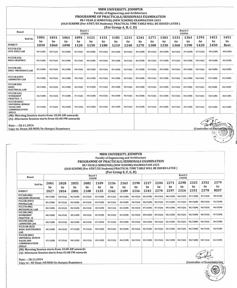 BEI 1st Sem Practical Exam Schedule | PDF | Engineering | Science