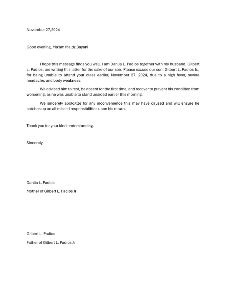 Excuse Letter Pa Print PDF