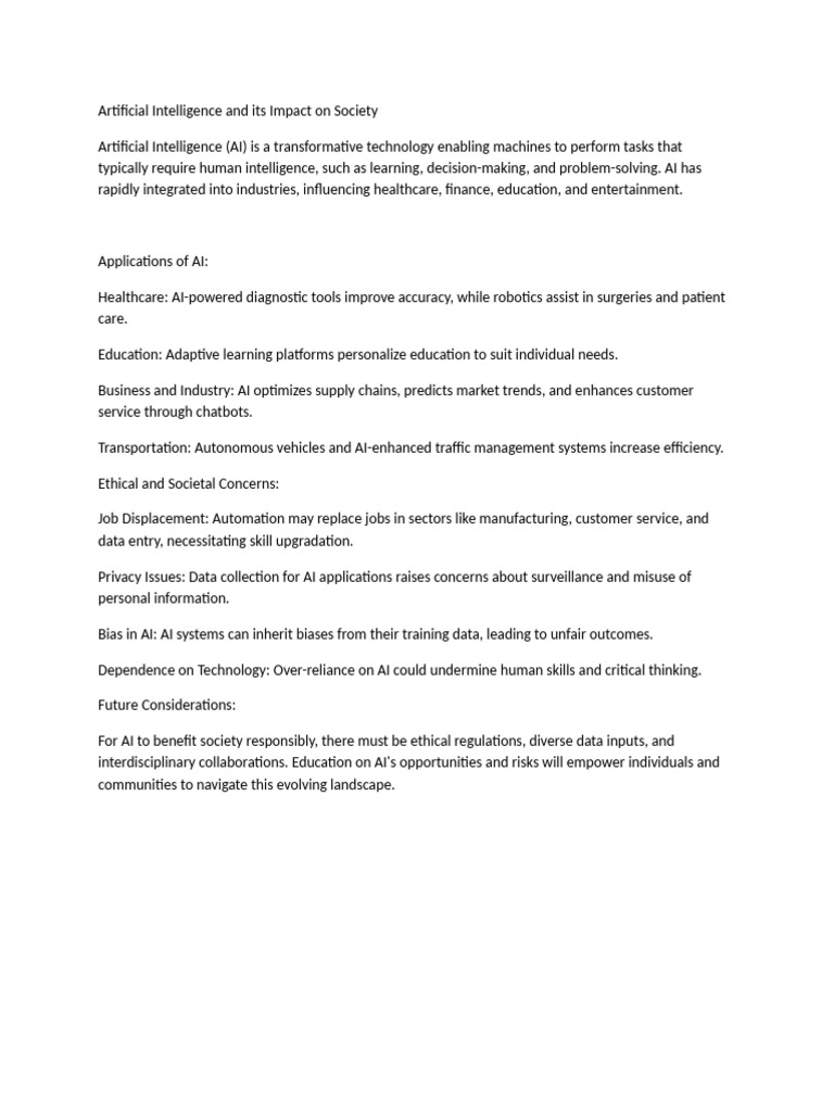 Artificial Intelligence and Its Impact On Society | PDF