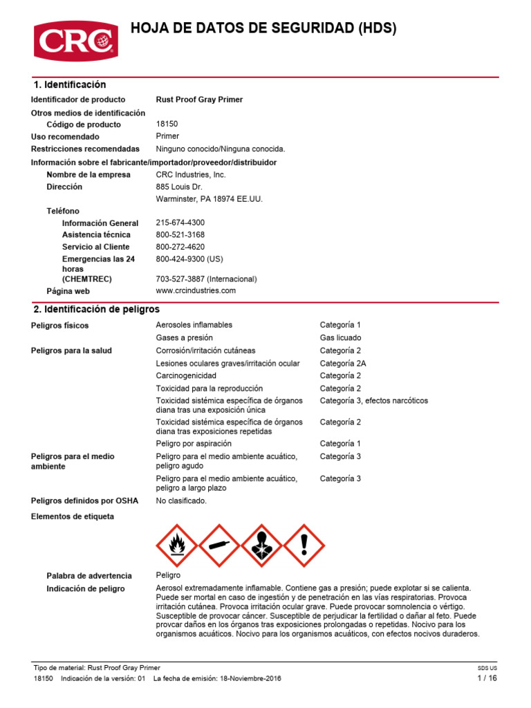 Hoja de Seguridad: Rust Proof Gray Primer | PDF | Toxicología | Toxicidad