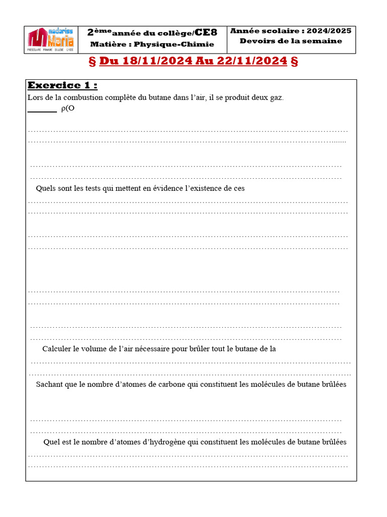 Devoirs de Physique-Chimie CE8 : Combustion du Butane | PDF