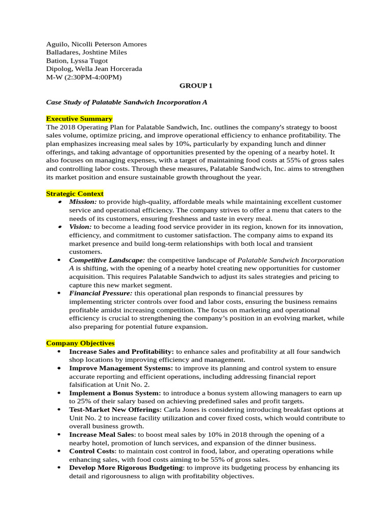 2018 Operating Plan Group 1 Pdf Meal Lunch