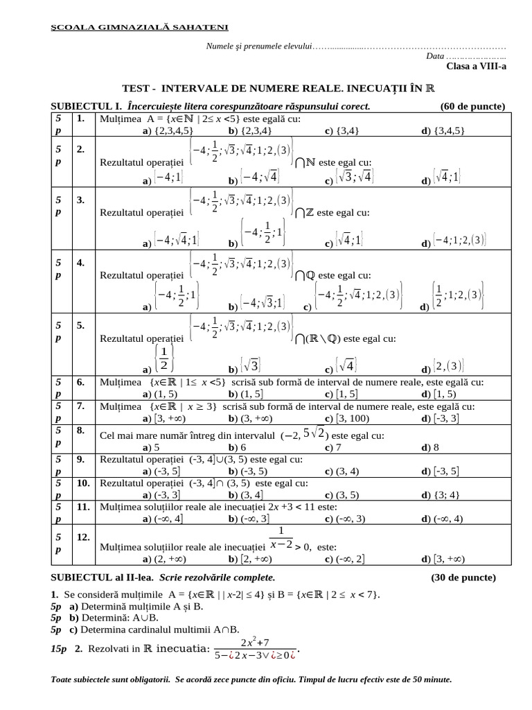 Test Intervale de Numere Reale. Inecuatii Clasa A8a | PDF