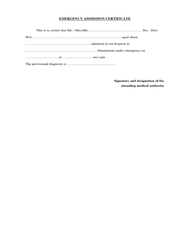 Emergency Admission Certificate Format | PDF