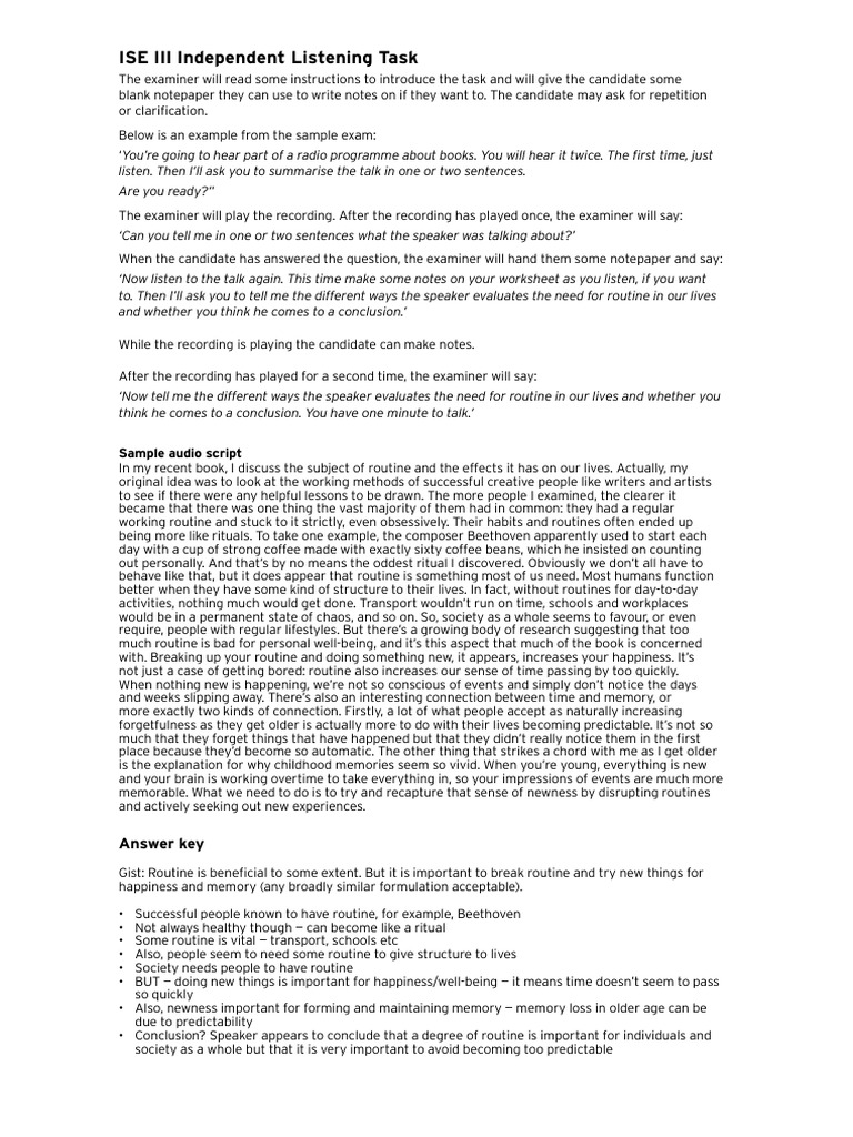 ISE III Independent Listening Task: Sample Audio Script | PDF | Mental ...