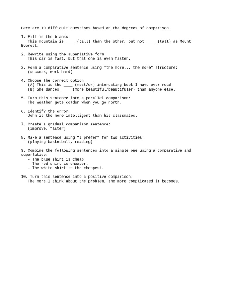 Challenging Degrees of Comparison Questions | PDF
