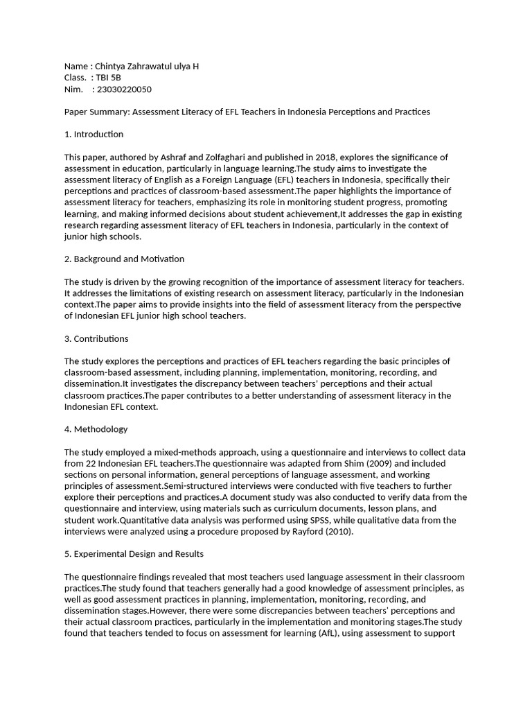 EFL Teachers' Assessment Literacy in Indonesia | PDF | Educational ...