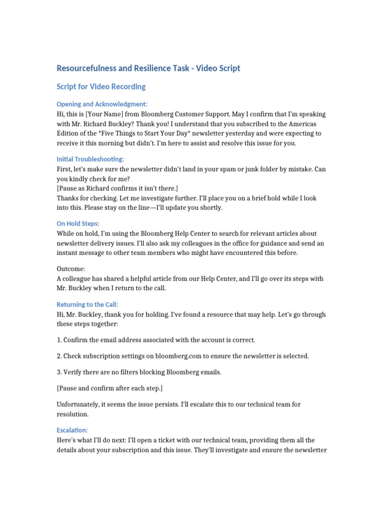 Bloomberg Newsletter Support Script | PDF