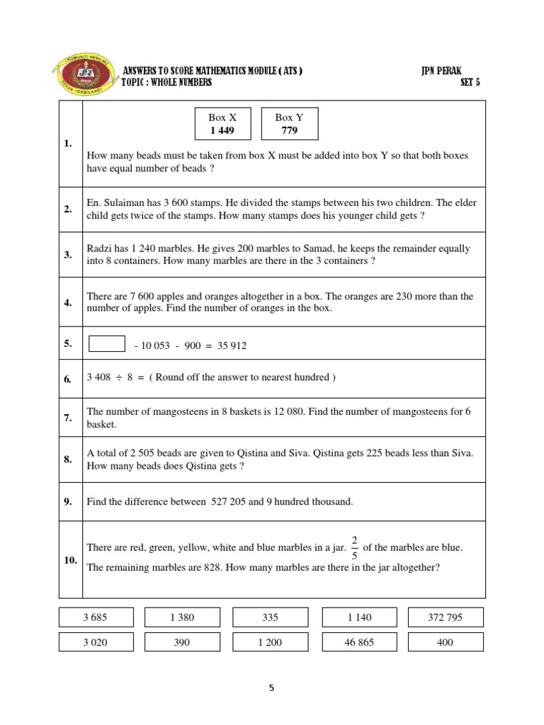 Whole Numbers Math Problems Set 5 | PDF