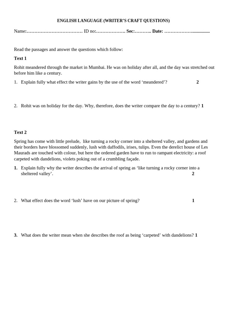 Writer's Craft Analysis Questions | PDF