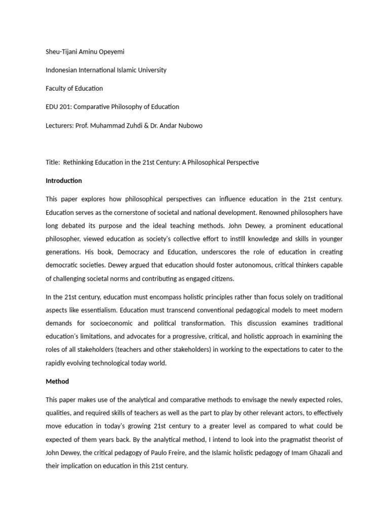 Rethinking Education in The 21st Century: A Philosophical Perspective ...