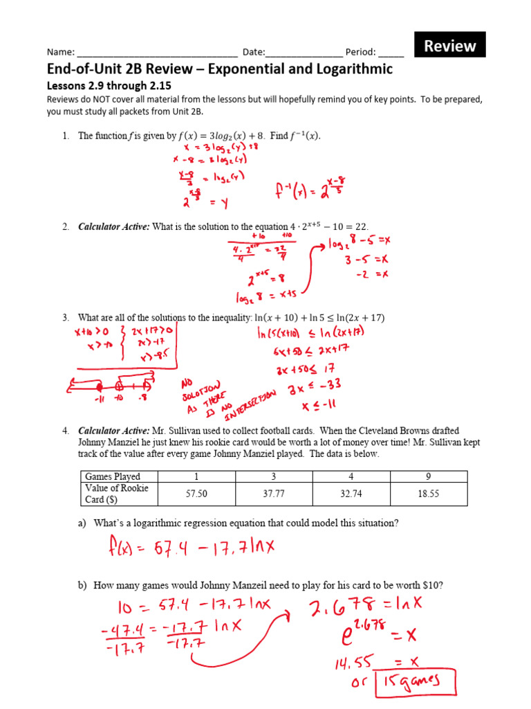 Appc Unit 2b Review Solutions | PDF | Logarithm | Exponential Function