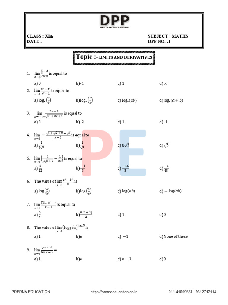 Limits and Derivatives Q 1 Min | PDF | Mathematical Analysis | Complex ...