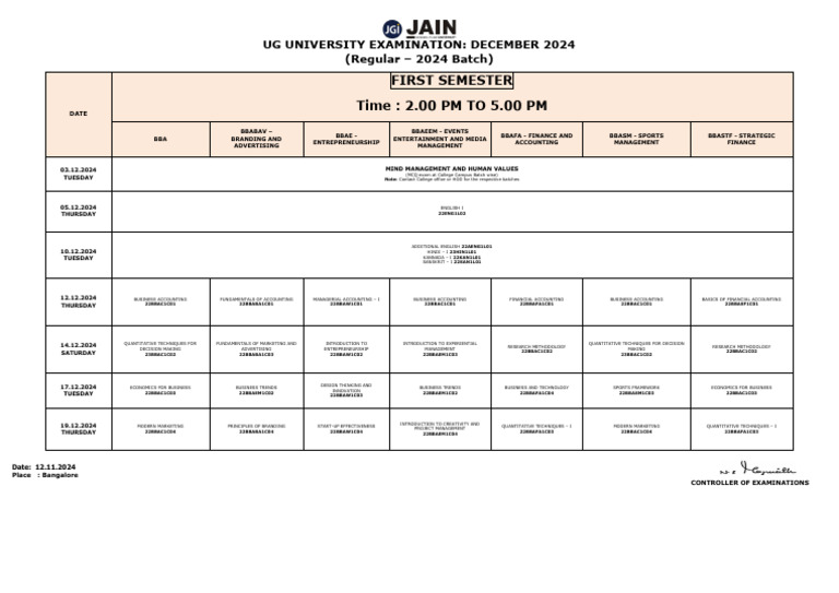 1 First Semester Examination TT - December 2024 Batch Bba 2024 | PDF ...