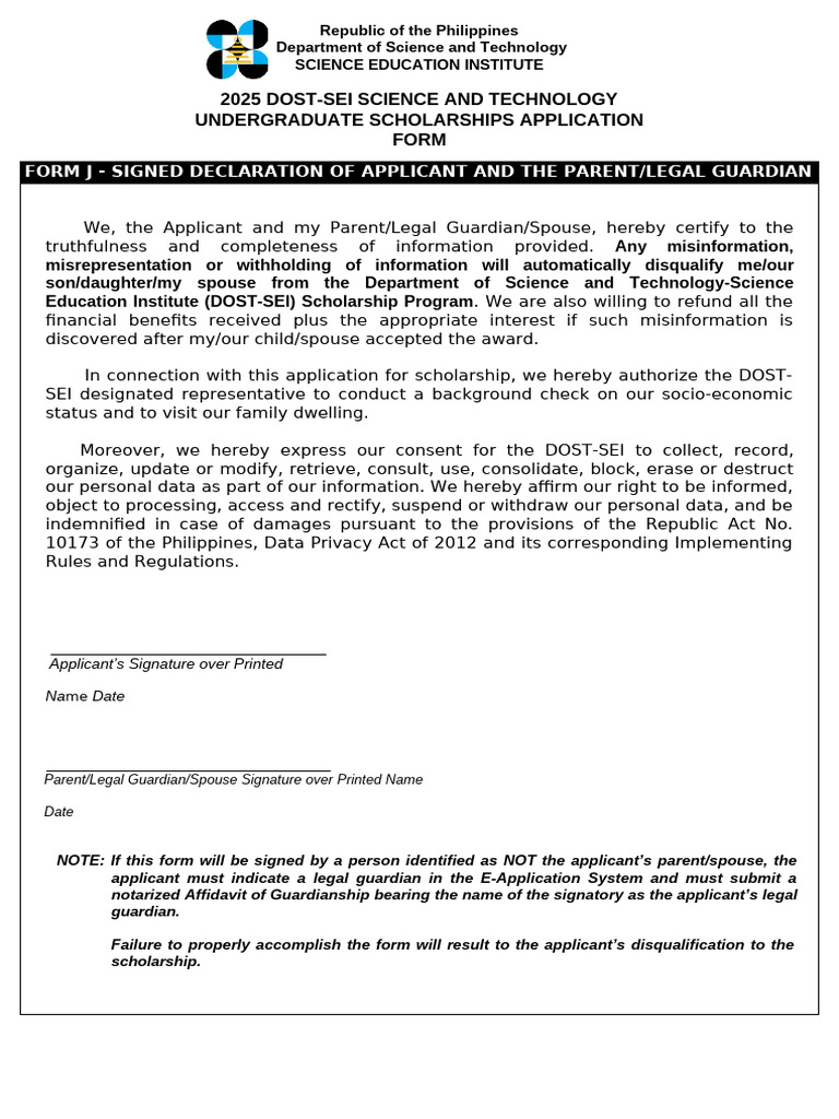 2025 DOST SEI ST Undergraduate Application Form J Final | PDF