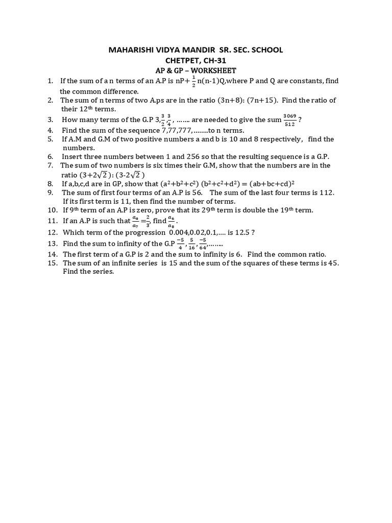AP & GP Worksheet for Class 11 | PDF