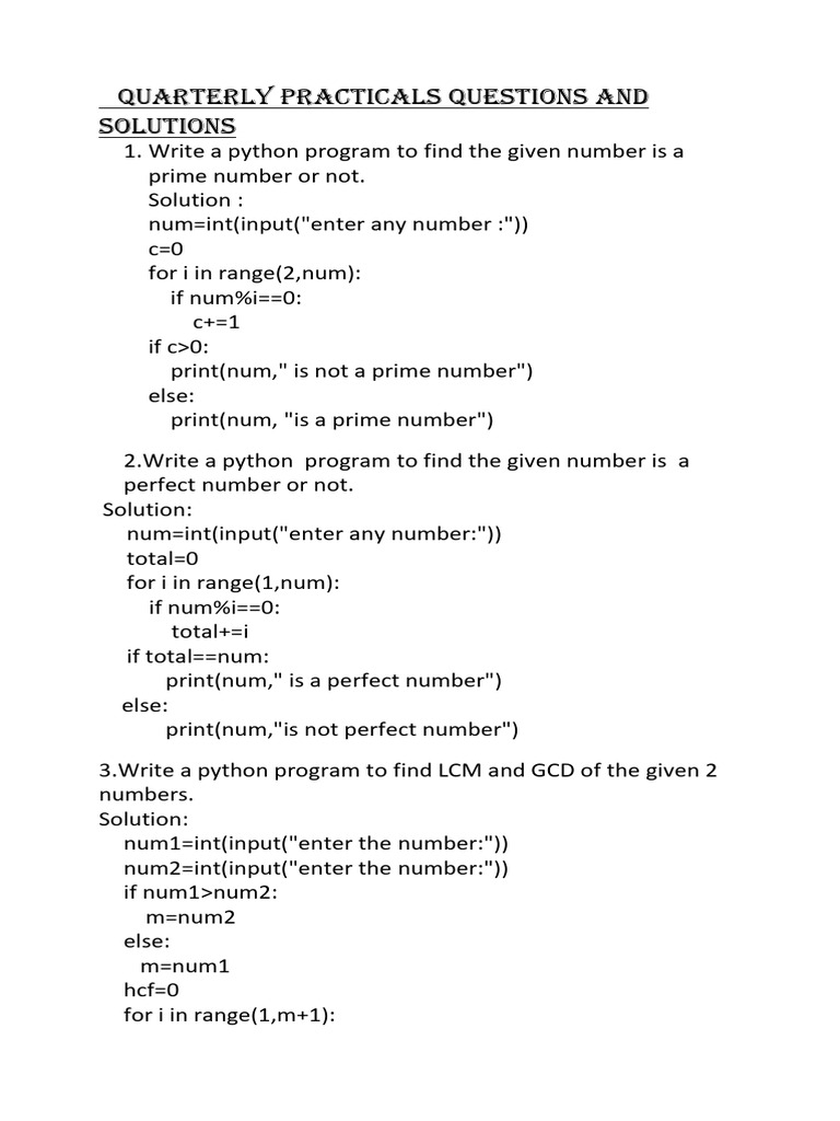 Python Programming Practical Questions | PDF | Number Theory | Discrete ...