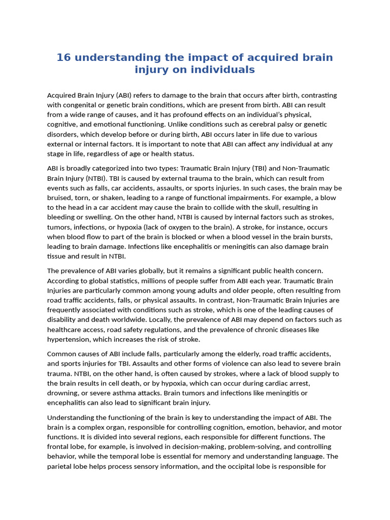 Impact of Acquired Brain Injury Explained | PDF | Traumatic Brain ...