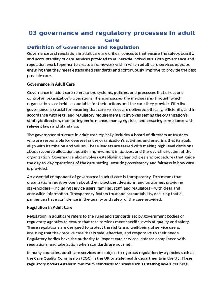 Governance and Regulation in Adult Care | PDF | Governance | Regulatory ...
