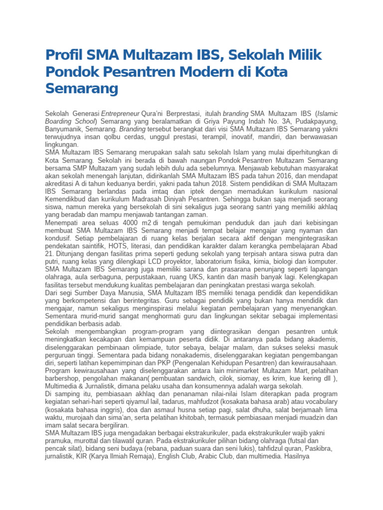 Profil SMA Multazam IBS Semarang | PDF