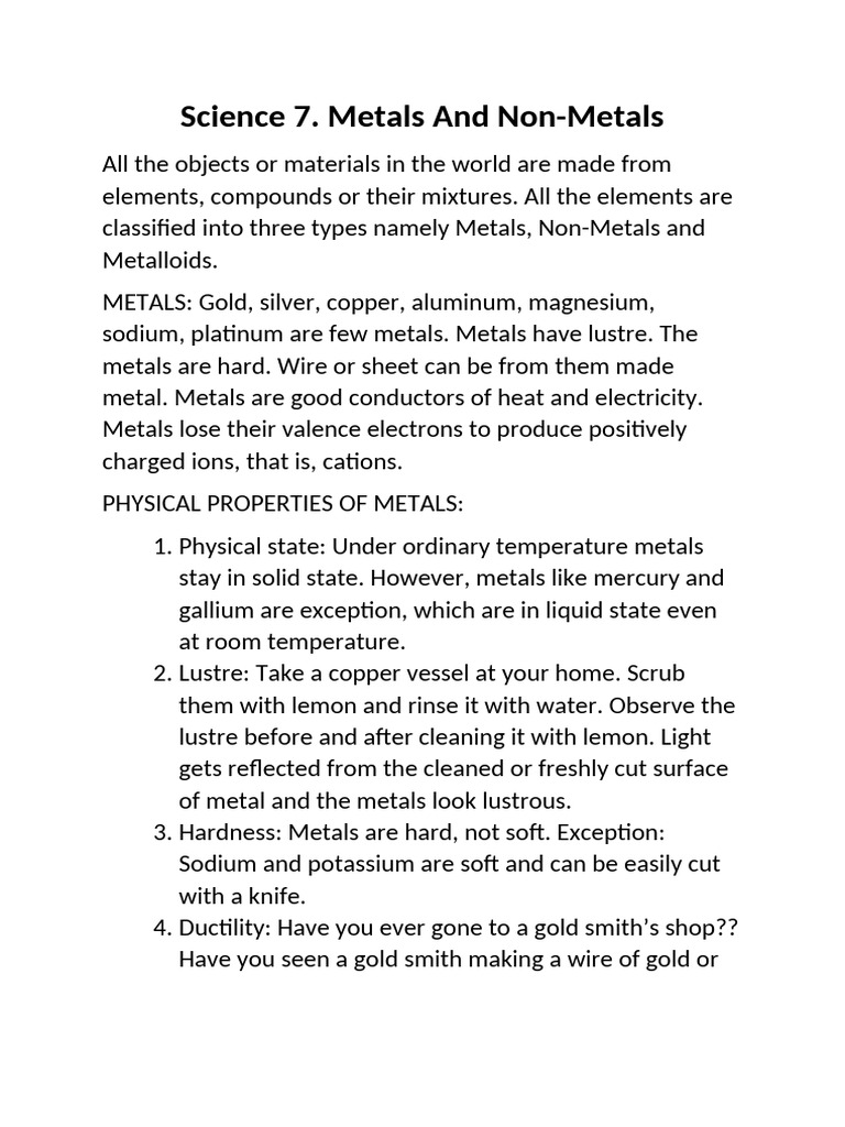 Science 7. Metals and Non-Metals | PDF | Metals | Sodium