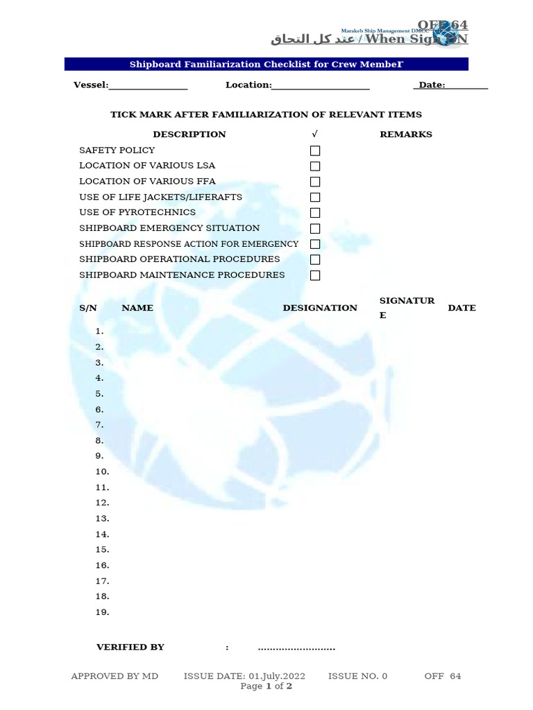 Shipboard Familiarization Checklist | PDF