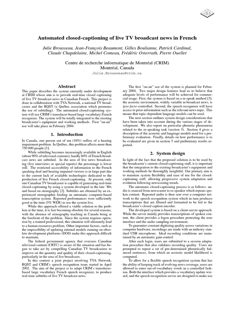 Real-Time French Closed Captioning System | PDF | Speech Recognition ...