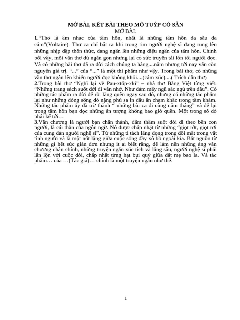 MỞ BÀI, KẾT BÀI THEO MẪU | PDF