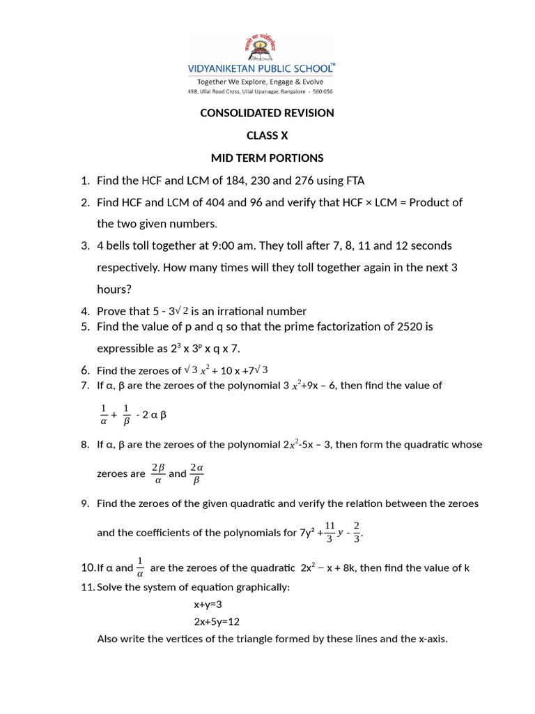Class X Mid Term Math Revision Guide | PDF | Quadratic Equation ...
