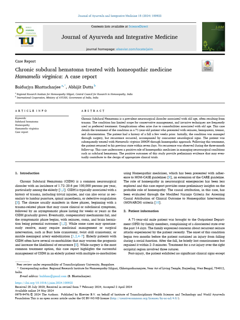Chronic Subdural Hematoma Treated With Homeopathic Medicine 1 | PDF ...
