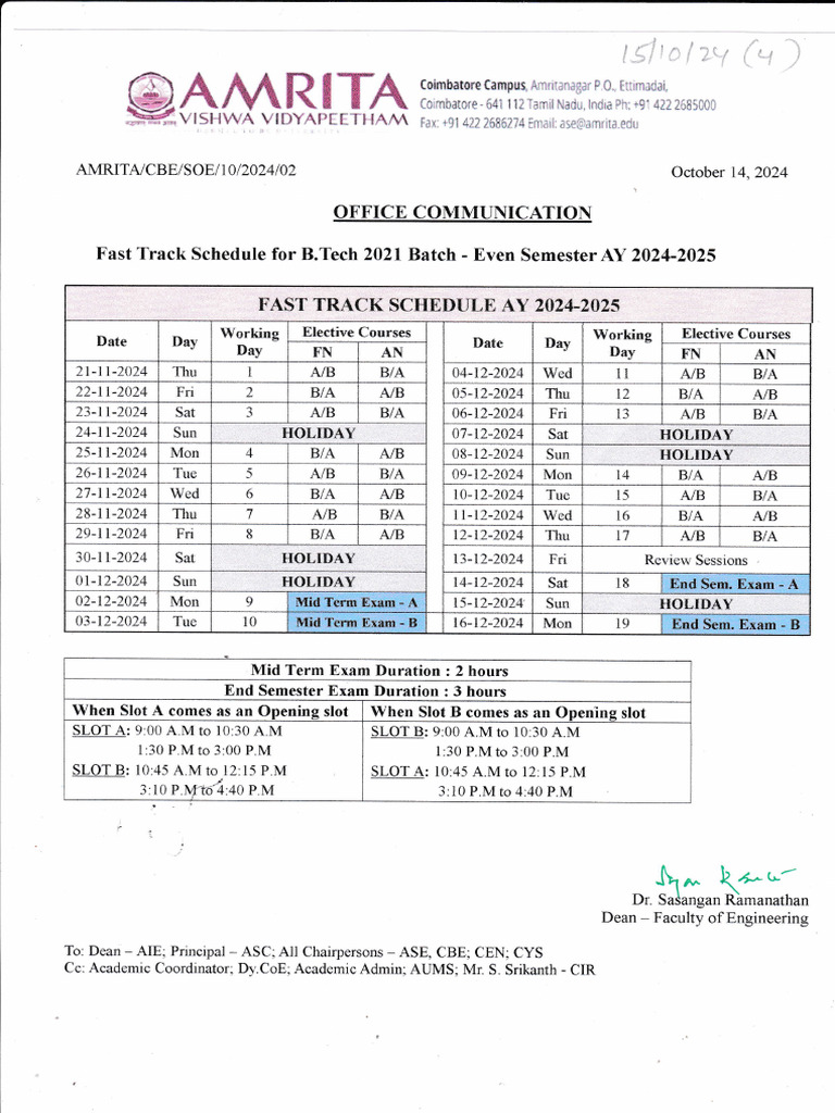 Fast Track Schedule - B.Tech 2021 Batch - AY 2024-2025 | PDF