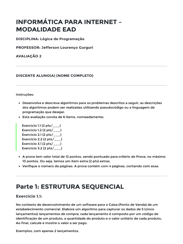 Avaliação de Lógica de Programação EAD | PDF | Algoritmos | Programas