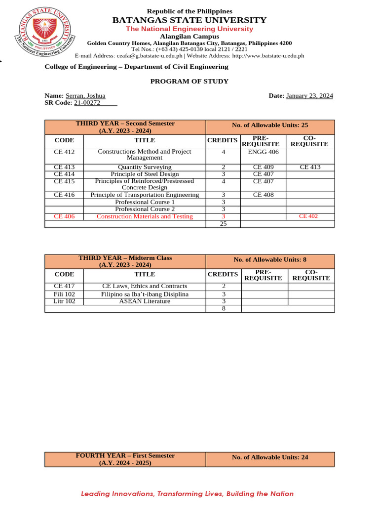 BSU Alangilan Engineering Courses Overview | PDF