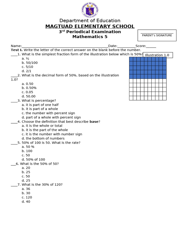 Math 5 Periodical Exam Questions | PDF | Circle | Pi