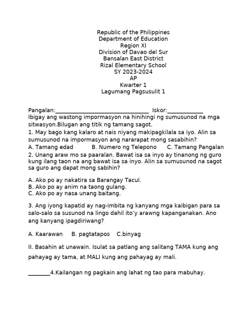 AP Summative #1tagalog Na | PDF