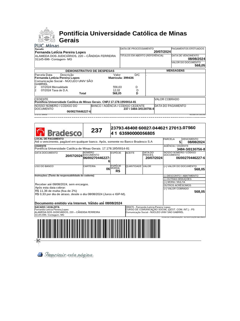 Boleto Mensalidade PUC - 08/08/2024 | PDF | Tecnologia bancária ...