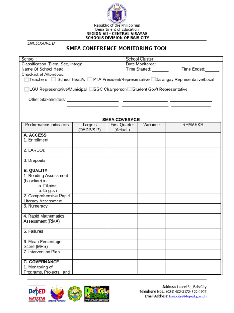 SMEA Monitoring Tool for DepEd Bais City | PDF